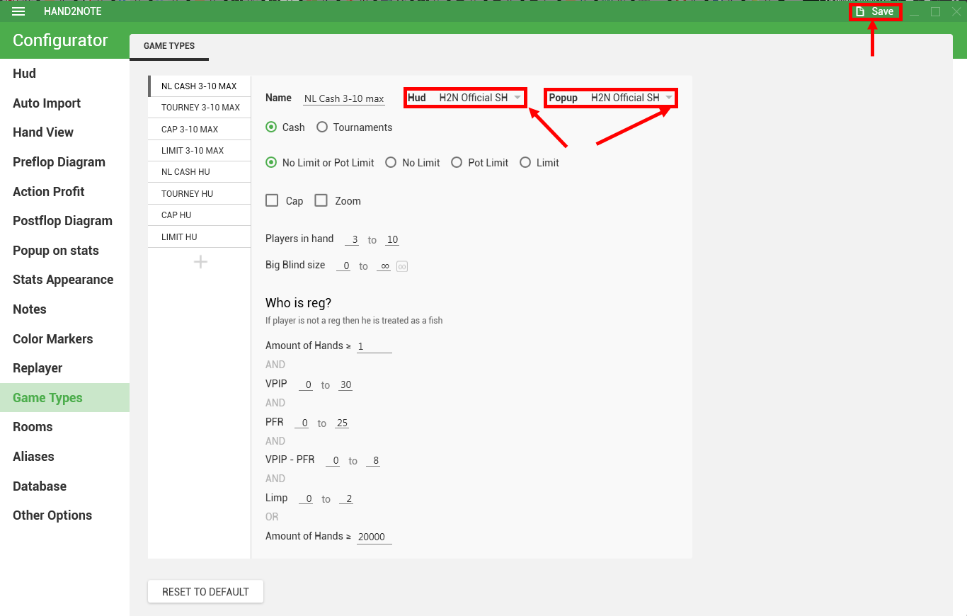 Hand2Note Game Types choose profile