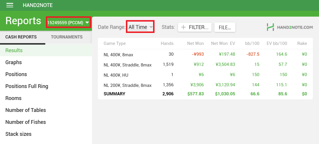 hand2note reports set hero and date range