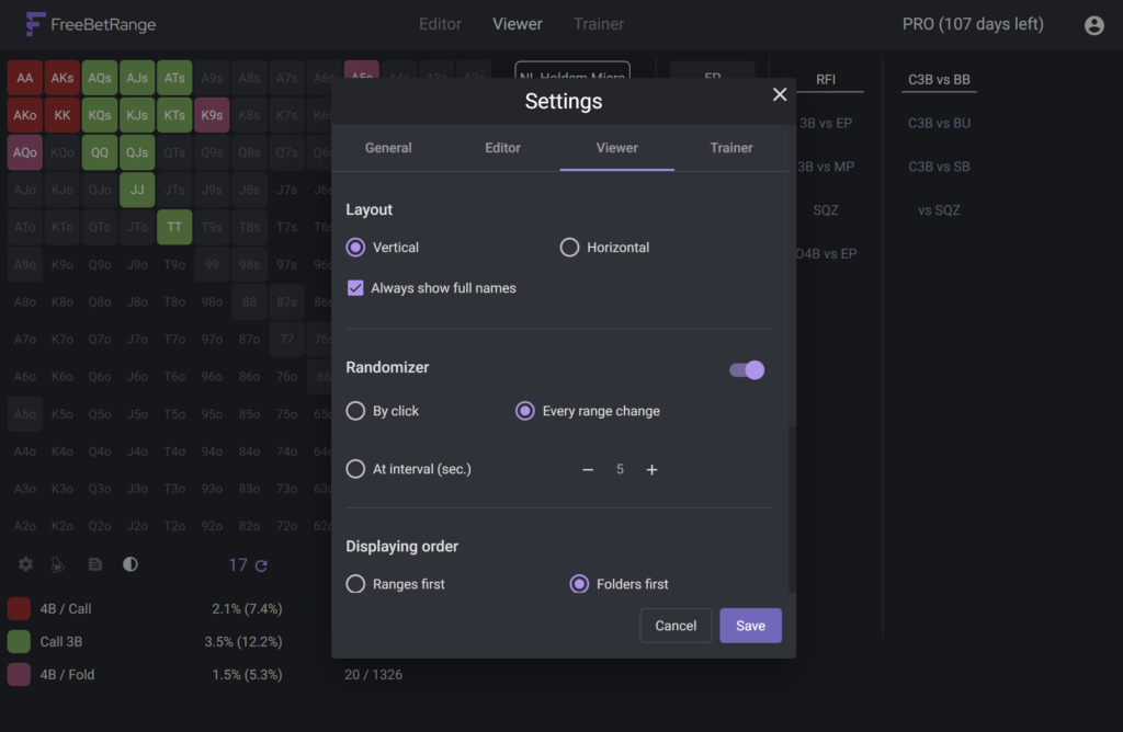 Preflop Range Viewer Settings