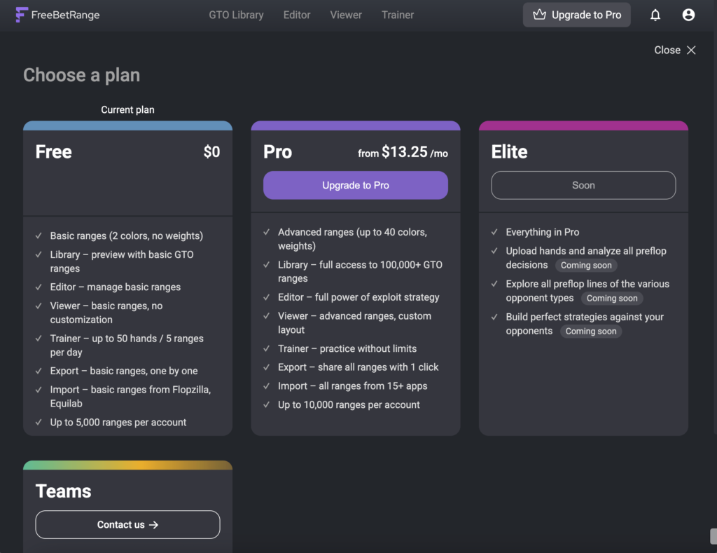Freebetrange Pricing Options