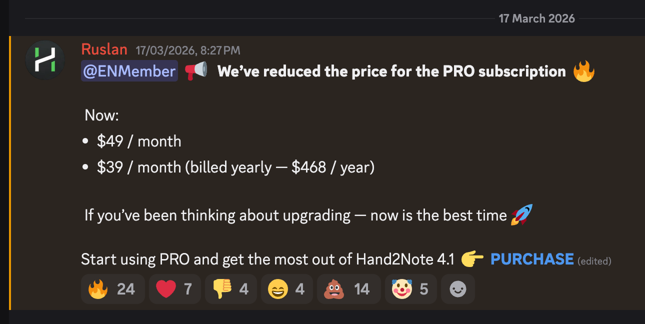 Anuncio de la bajada de precio Pro en el Discord de Hand2Note