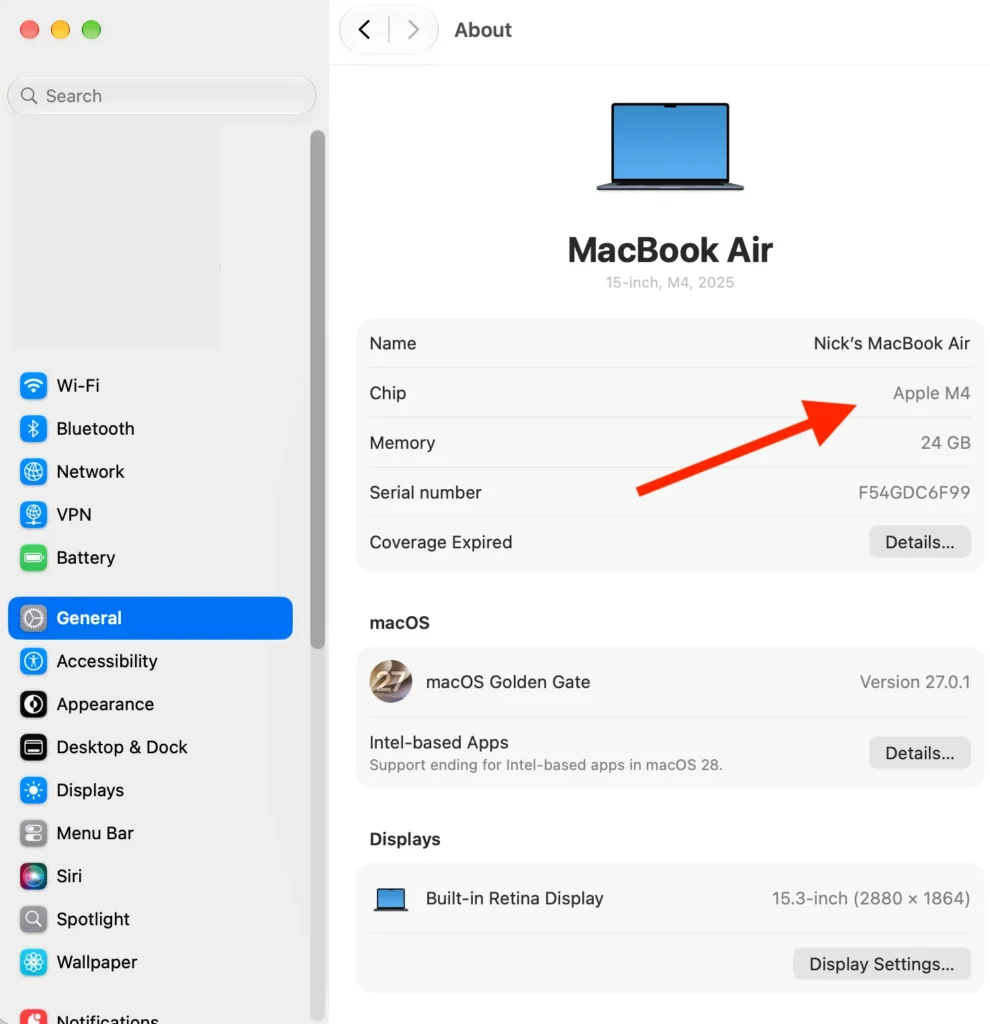 Check your apple chip in macbook settings